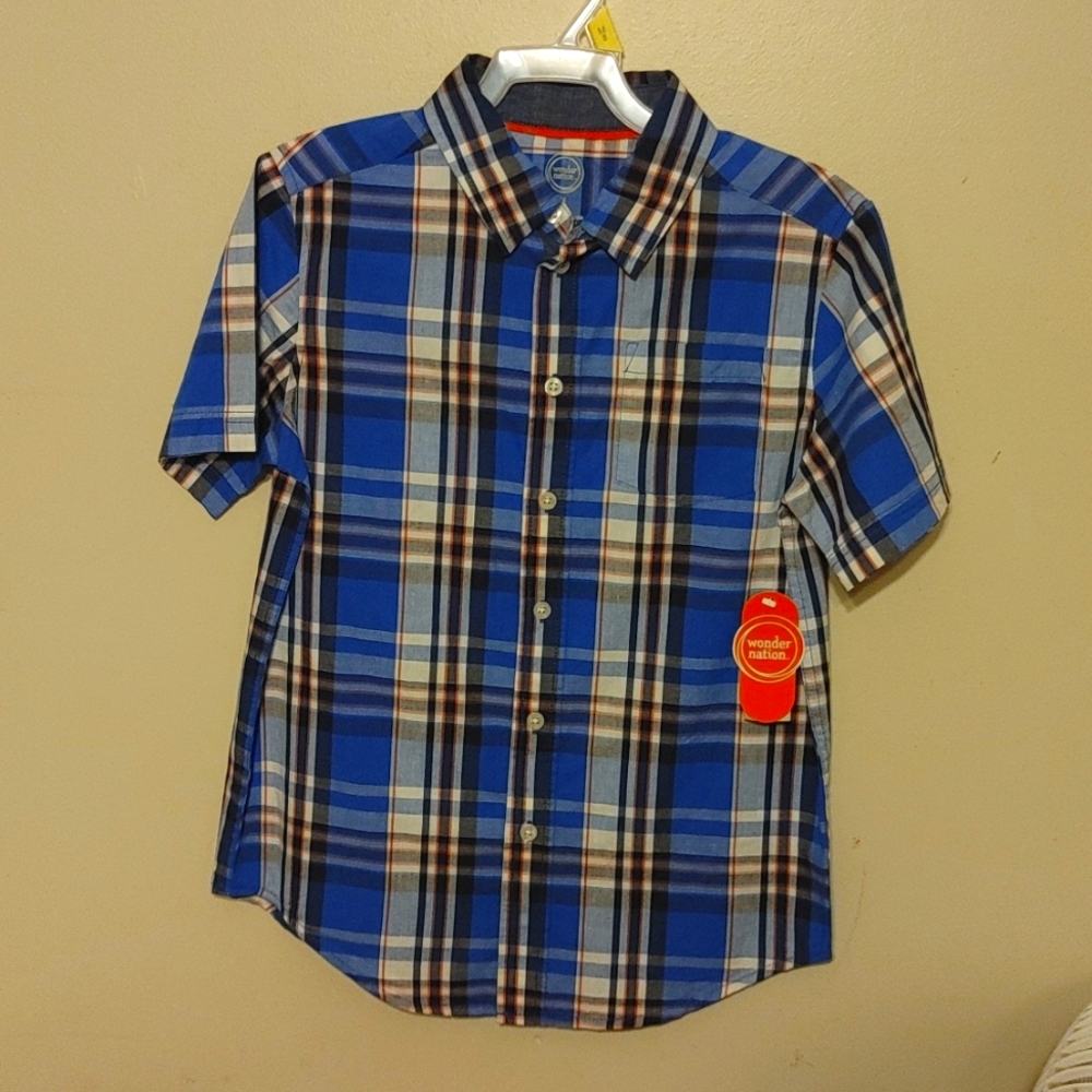 Wonder Nation size 8 boys blue plaid button down